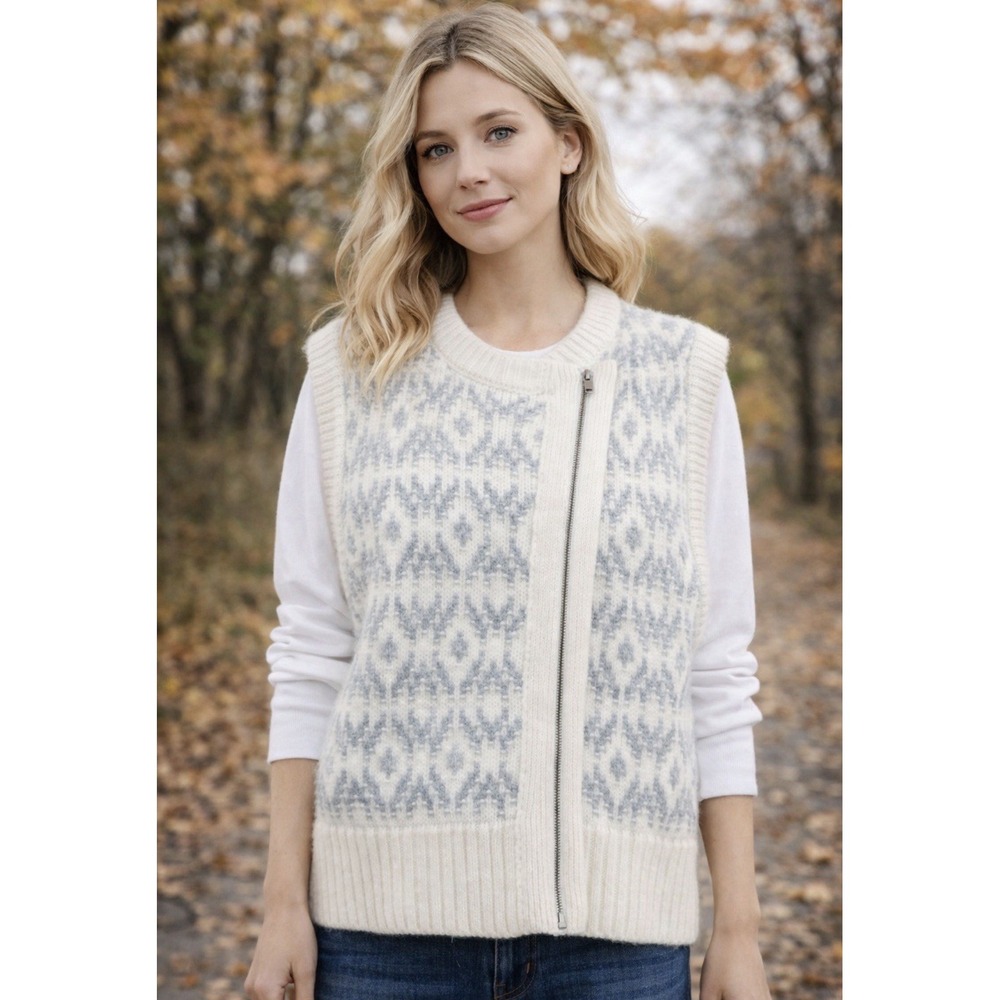 NEW! Banana Republic Front Zip Sweater Vest Wool Alpaca Ivory Gray SZ L